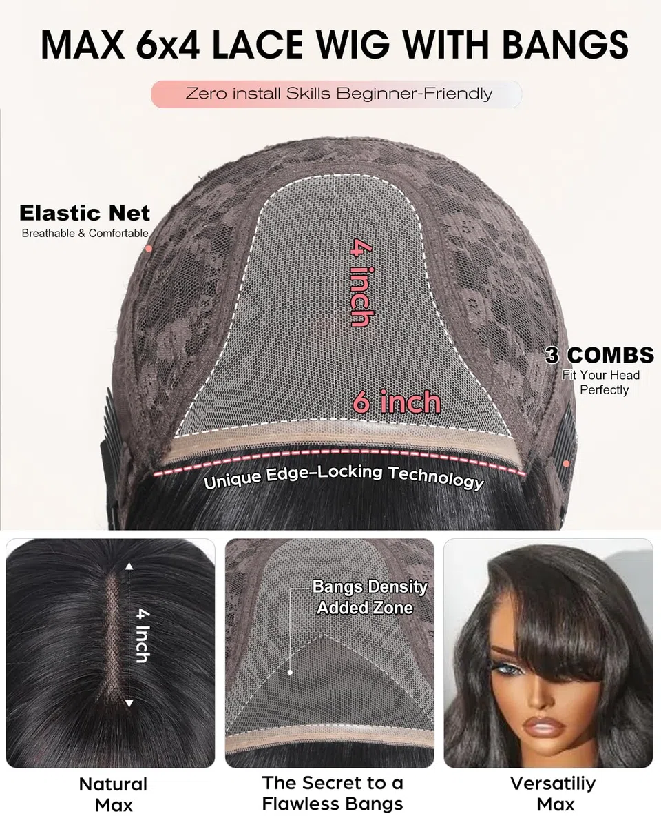 Tunfine Straight Human Hair Wigs With Bangs Glueless 4x6 Lace Front Perruque Cheveux Humain Sans Colle, 200% Density Real Black Frange Perruque Femme Naturelle Brésilien 20 Pouces