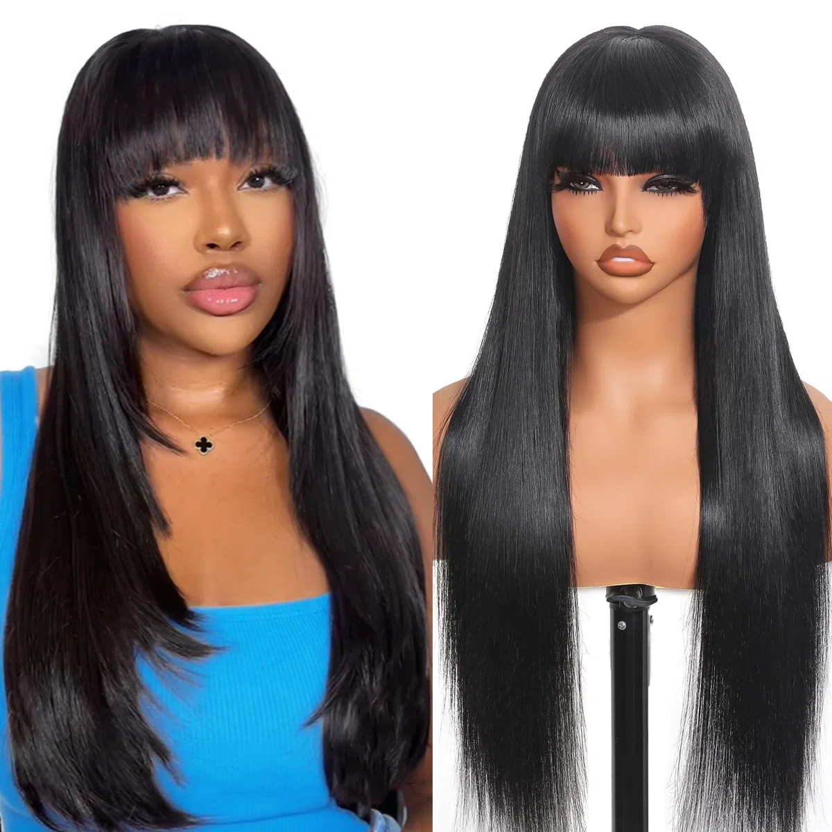 Tunfine Straight Human Hair Wigs With Bangs Glueless 4x6 Lace Front Perruque Cheveux Humain Sans Colle, 200% Density Real Black Frange Perruque Femme Naturelle Brésilien 20 Pouces