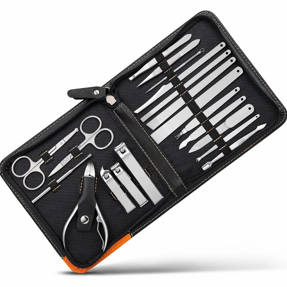 Kit de manucure, Kit de manucure pour Les Ongles, Ensemble de Pinces à pédicure Noires 19 en 1, Coupe-Ongles, Ciseaux à Ongles incarnés en Acier Inoxydable
