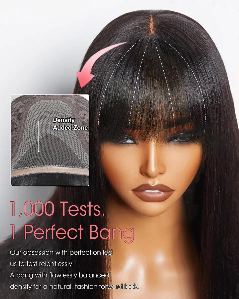 Tunfine Straight Human Hair Wigs With Bangs Glueless 4x6 Lace Front Perruque Cheveux Humain Sans Colle, 200% Density Real Black Frange Perruque Femme Naturelle Brésilien 20 Pouces