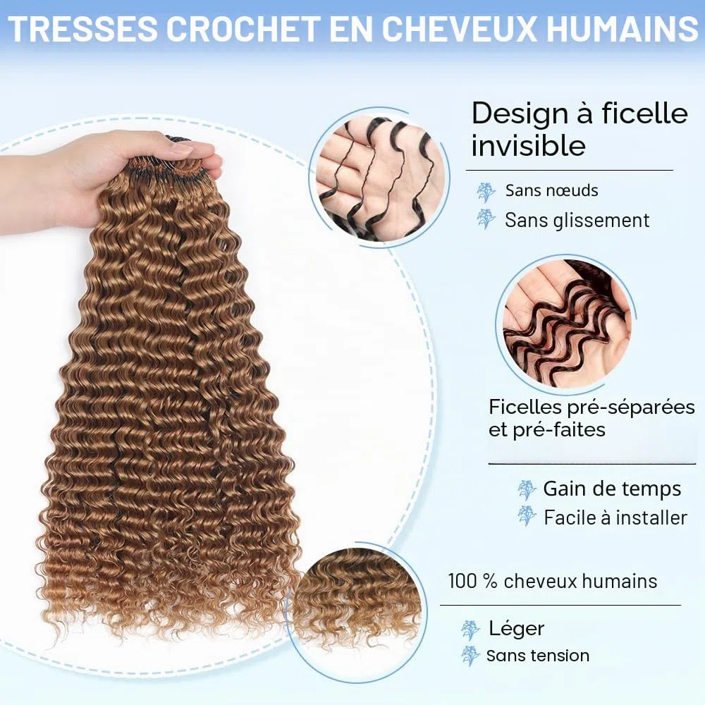 Renyarch Miracle Deep Wave Mini Knots Crochet Human Hair Bundles 20 Pouces Meche 200g 160 Pcs Honey Blonde Wet and Wavy Invisible Knotless Crochet Bouclé Naturel Cheveux Humain Curly