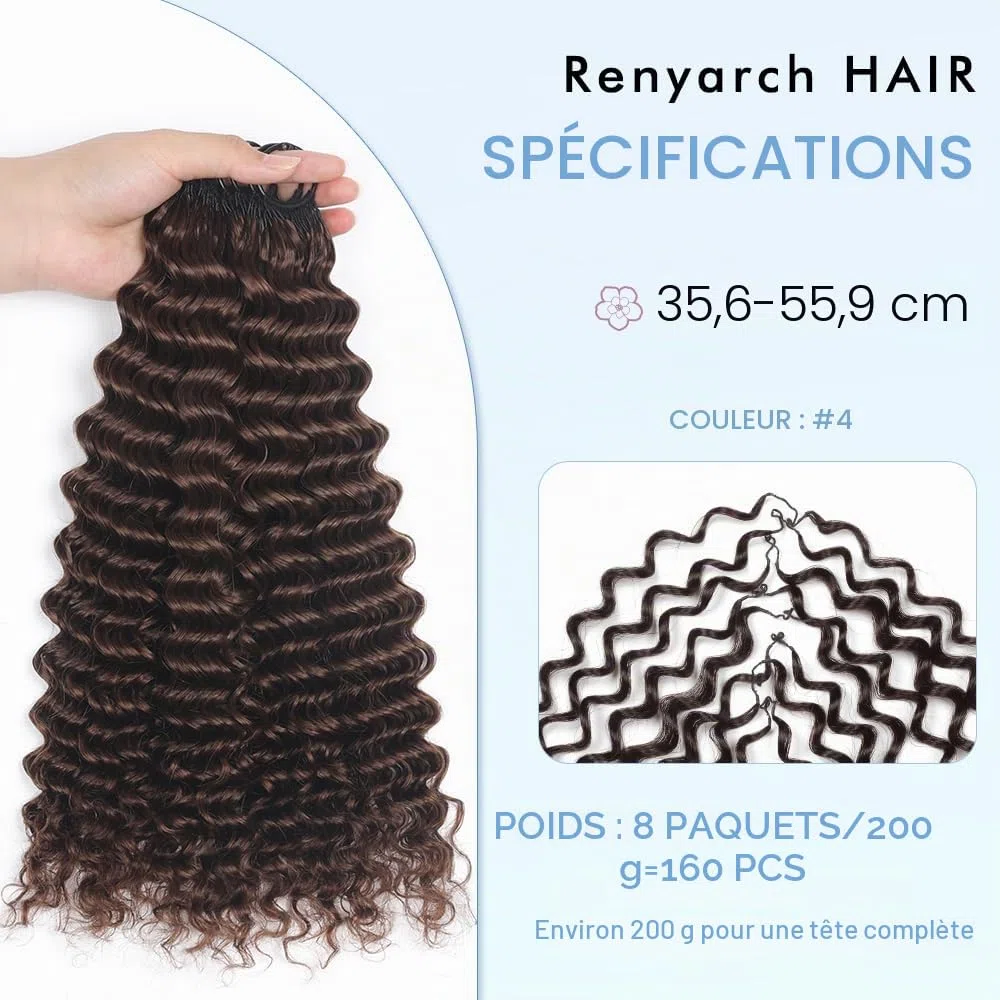 Renyarch Miracle Deep Wave Mini Knots Crochet Human Hair Bundles 16 Pouces Meche 200g 160 Pcs Brown Wet and Wavy Invisible Knotless Crochet Bouclé Naturel Cheveux Humain Curly