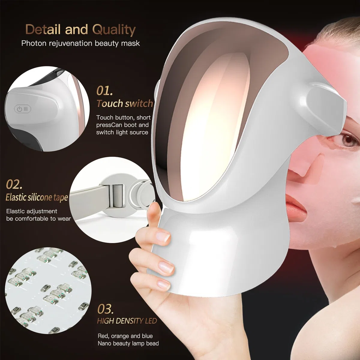 Masque lumineux LED pour le visage et le cou, rouge/bleu/orange, 3 couleurs de lumière et 807 nano-LED Beauty photonique, masque de rajeunissement de la peau photonique, silicone transparent, design