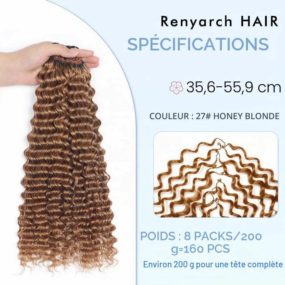 Renyarch Miracle Deep Wave Mini Knots Crochet Human Hair Bundles 20 Pouces Meche 200g 160 Pcs Honey Blonde Wet and Wavy Invisible Knotless Crochet Bouclé Naturel Cheveux Humain Curly