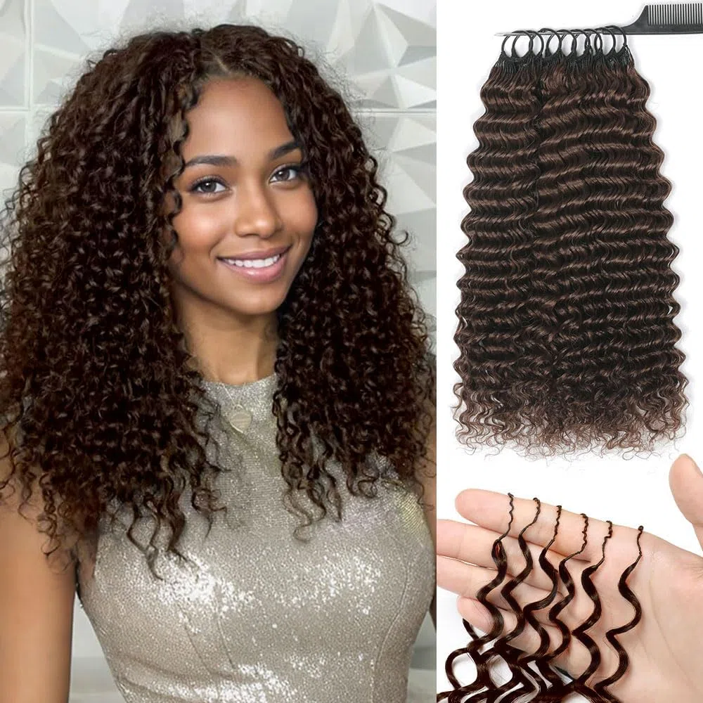 Renyarch Miracle Deep Wave Mini Knots Crochet Human Hair Bundles 16 Pouces Meche 200g 160 Pcs Brown Wet and Wavy Invisible Knotless Crochet Bouclé Naturel Cheveux Humain Curly