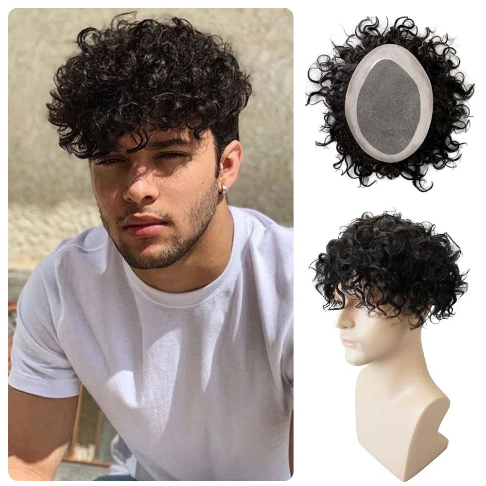 Lordhair Perruque Bouclés pour Hommes, Toupet Cheveux Humains, Remplacement des Cheveux Système