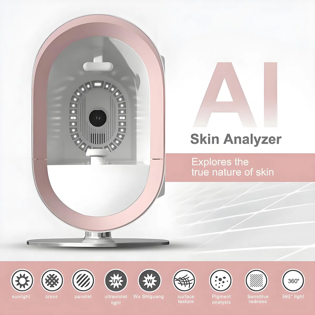 Analyseur de peau numérique 3D, analyseur de peau intelligent par IA, analyseur d'humidité faciale à 12 spectres pour salon de beauté et soins de la peau,Pink
