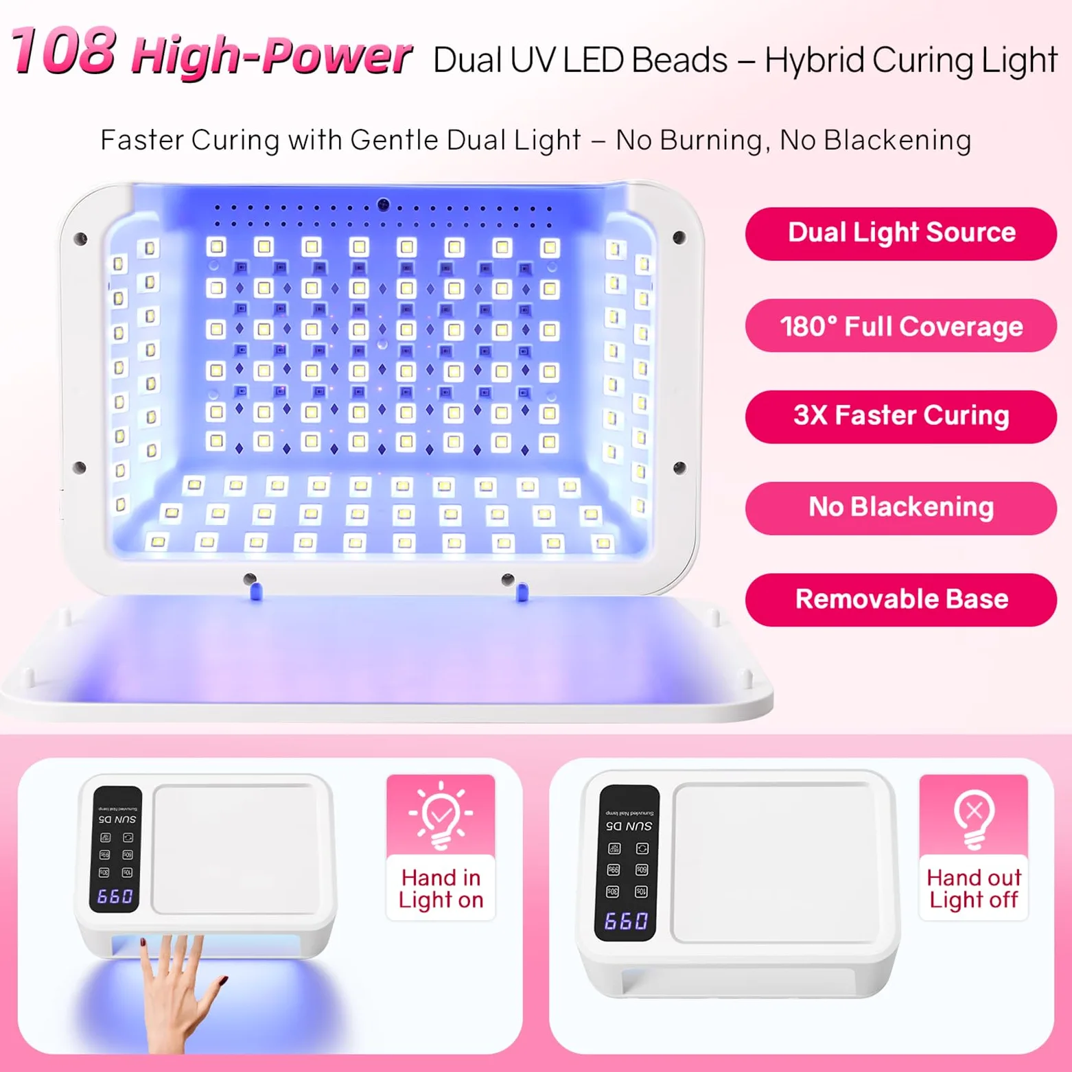 Lampe UV LED pour vernis à ongles gel avec 140 perles LED, design à deux mains, soin de la peau à lumière rouge, capteur automatique, écran LCD, 4 minuteries, séchage rapide professionnel pour ongles