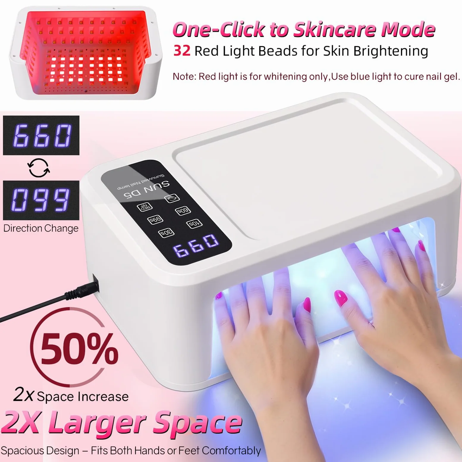 Lampe UV LED pour vernis à ongles gel avec 140 perles LED, design à deux mains, soin de la peau à lumière rouge, capteur automatique, écran LCD, 4 minuteries, séchage rapide professionnel pour ongles