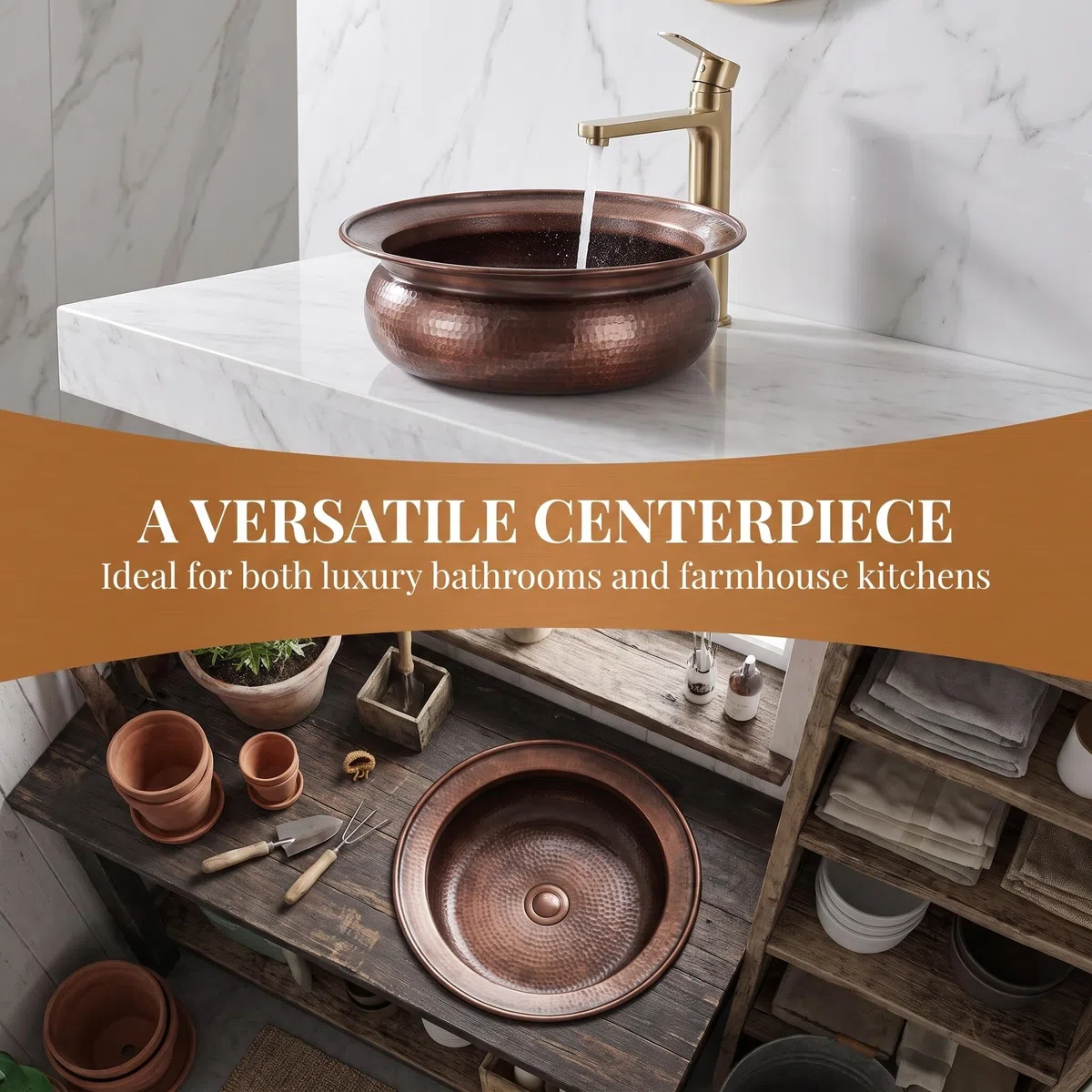 Lavabo en Cuivre pour Salle De Bain, Vasque À Poser, avec Bonde Et Flexible, Bassin De Trempage des Pieds, Évacuation Rapide, sans Trop-Plein, Idéal pour Se Laver Le Visage Et 15in