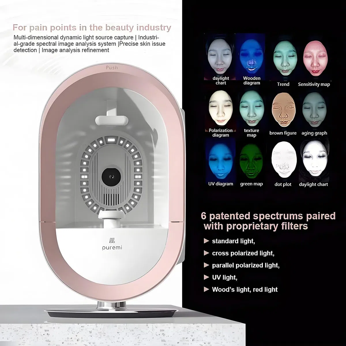 Analyseur de peau numérique 3D, analyseur de peau intelligent par IA, analyseur d'humidité faciale à 12 spectres pour salon de beauté et soins de la peau,Pink