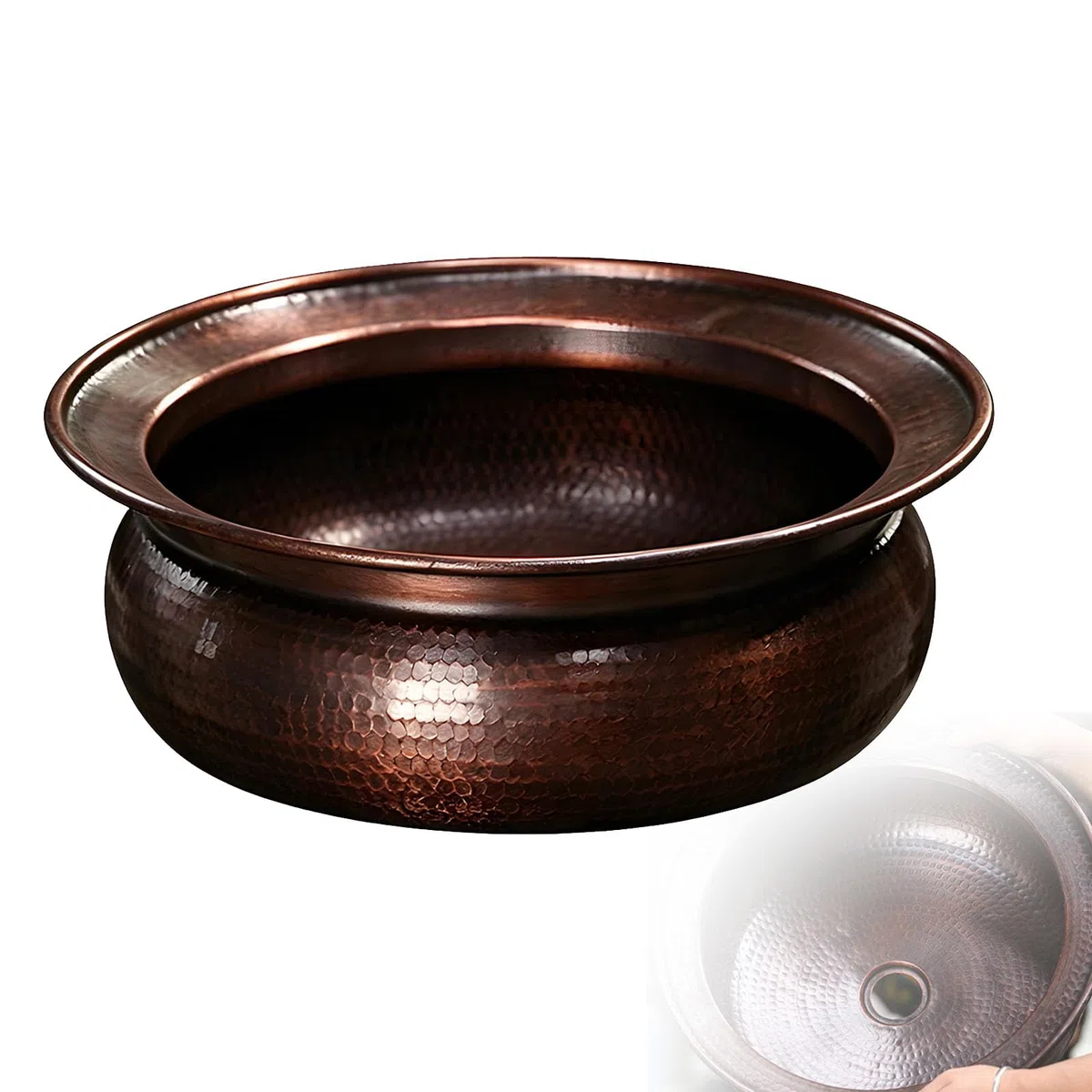 Lavabo en Cuivre pour Salle De Bain, Vasque À Poser, avec Bonde Et Flexible, Bassin De Trempage des Pieds, Évacuation Rapide, sans Trop-Plein, Idéal pour Se Laver Le Visage Et 15in