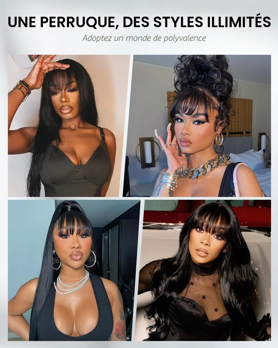 Tunfine Straight Human Hair Wigs With Bangs Glueless 4x6 Lace Front Perruque Cheveux Humain Sans Colle, 200% Density Real Black Frange Perruque Femme Naturelle Brésilien 20 Pouces