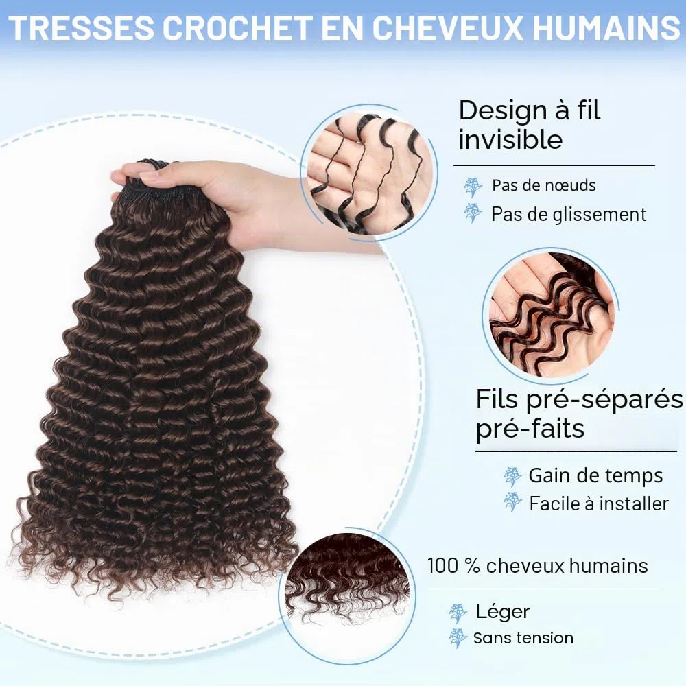 Renyarch Miracle Deep Wave Mini Knots Crochet Human Hair Bundles 16 Pouces Meche 200g 160 Pcs Brown Wet and Wavy Invisible Knotless Crochet Bouclé Naturel Cheveux Humain Curly