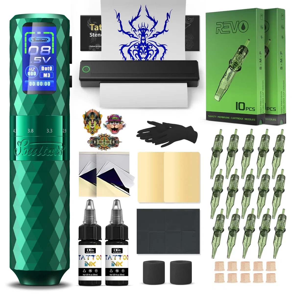 INKin Kits de Tatouage, Machine à Tatouer Sans Fil avec Course Réglable 2,5-4,8mm et Batteries 1600mAh, Machine a Tatouer Kit Complet avec Bluetooth Imprimante Stencil Tatouage et Encre Noire Tatouage