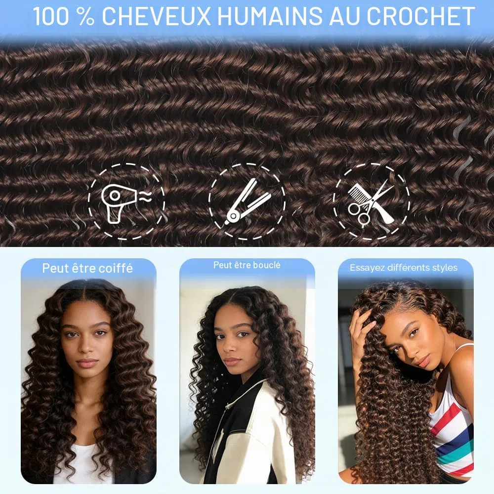 Renyarch Miracle Deep Wave Mini Knots Crochet Human Hair Bundles 16 Pouces Meche 200g 160 Pcs Brown Wet and Wavy Invisible Knotless Crochet Bouclé Naturel Cheveux Humain Curly