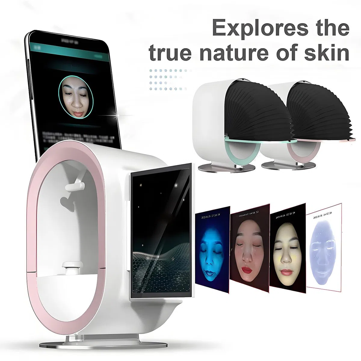 Analyseur de peau numérique 3D, analyseur de peau intelligent par IA, analyseur d'humidité faciale à 12 spectres pour salon de beauté et soins de la peau,Pink