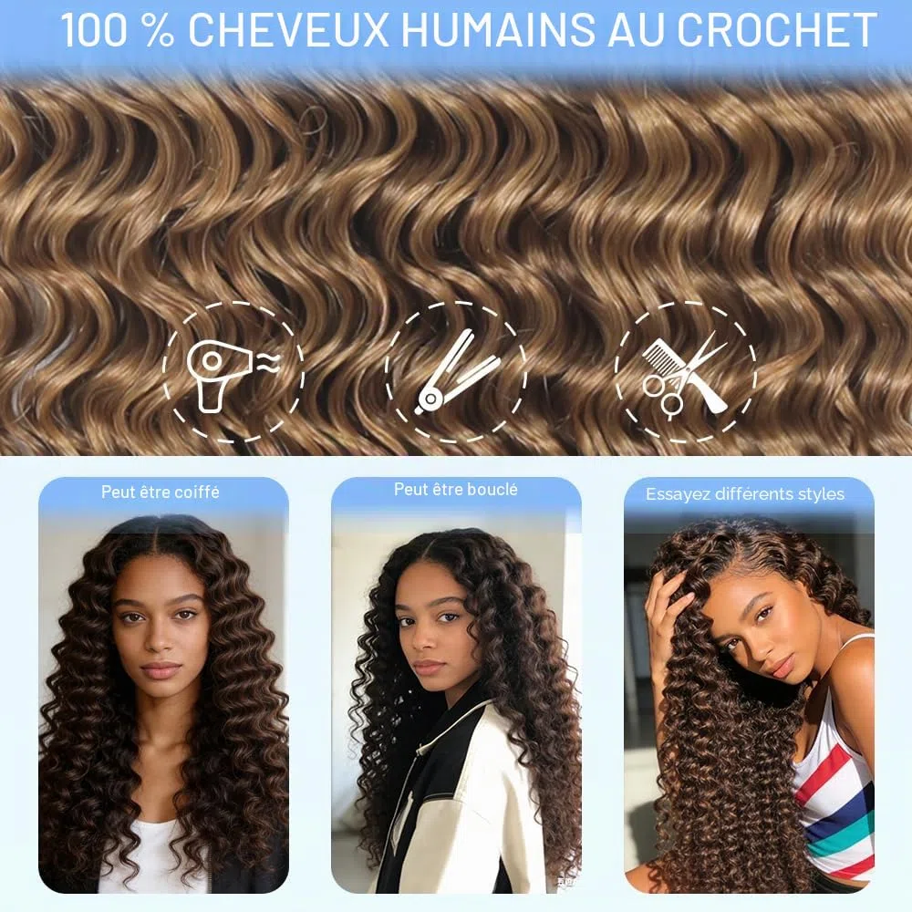 Renyarch Miracle Deep Wave Mini Knots Crochet Human Hair Bundles 20 Pouces Meche 200g 160 Pcs Honey Blonde Wet and Wavy Invisible Knotless Crochet Bouclé Naturel Cheveux Humain Curly